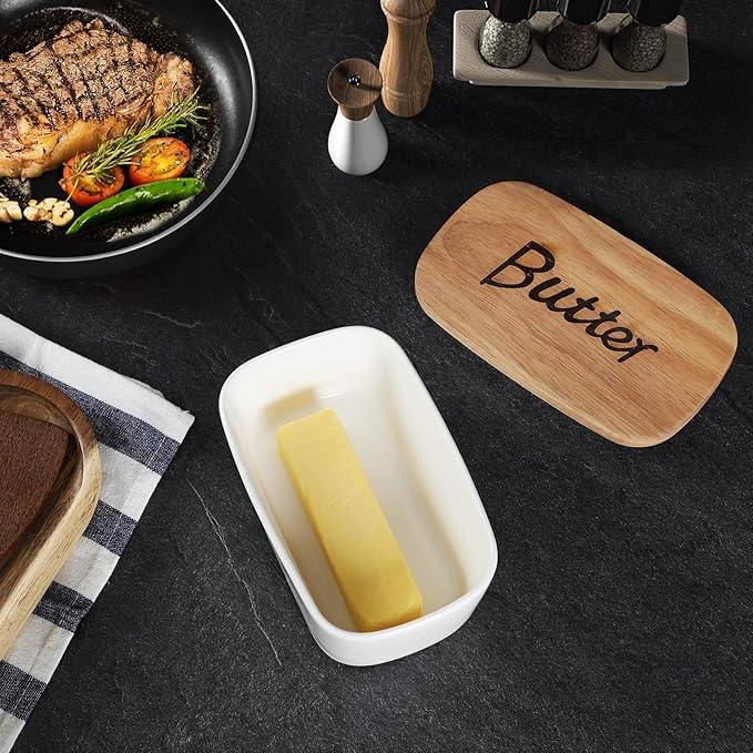 GDCZ Ceramics Butter Dish with Wooden Lid- Large Covered Butter Holder for Countertop, Butter Keeper Container Perfect for Holds 2X 4oz West/East Coast Butter, White