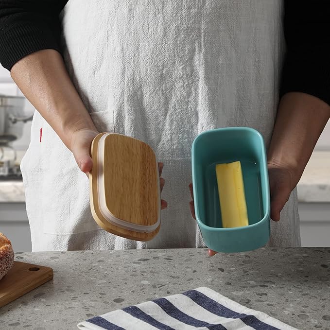 Ceramics Butter Dish with Wooden Lid- Large Covered Butter Holder for Countertop, Butter Keeper Container Perfect for Holds 2X 4oz West/East Coast Butter, Turquoise