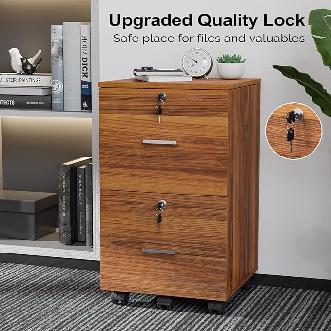 VINGLI 2-Drawer Rolling File Cabinet with Lock, Wood Mobile File Organization for Hanging Letter Size Filings Under Desk Filing Cabinets for Home Office, Assembly Required, Classic Walnut, 26.5" H