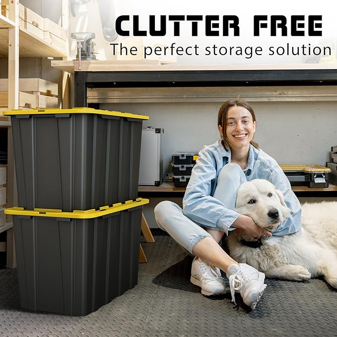 Lifetime Home 4 PACK of X-Large 23 Gallon Plastic Storage Bin Tote Organizing Container with Secure Latching Lids, Stackable, Extra Strength with Built in Handle - Black & Yellow