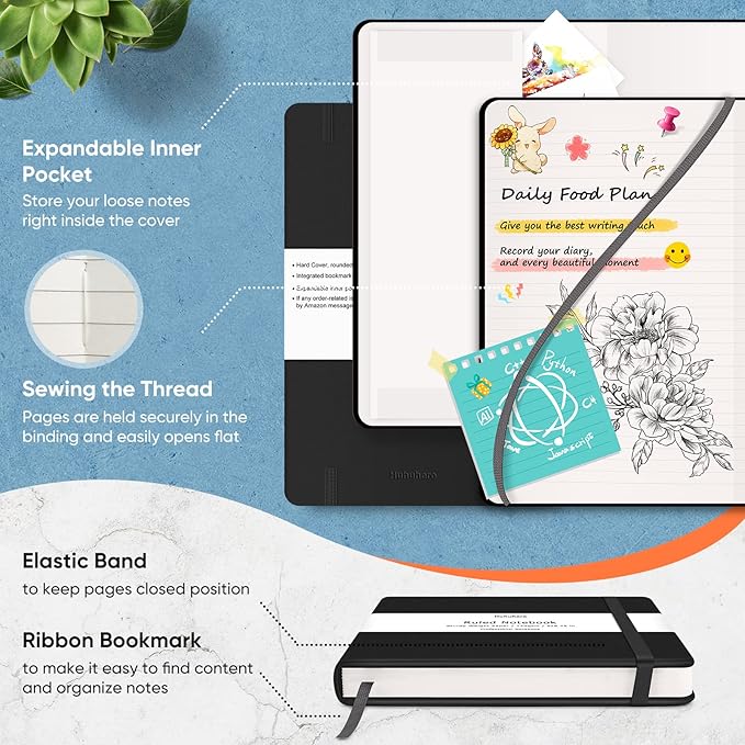 Huhuhero Notebooks Journal, Ruled Notebook, Premium Thick Paper Lined Journal, Black Hardcover Notebook for Office Home School Business Writing Note Taking Journaling, 5"×8.25" (6, Black)