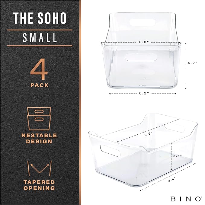 BINO | Plastic Organizer Bins, Small - 4 Pack | The SOHO Collection | Multi-Use Plastic Bin | Pantry & Freezer Organizer Bin | Storage Containers | Bins for Home & Kitchen Org