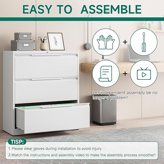 Filing Cabinet with Lock,Lateral File Cabinets 3 Drawer Metal Wide Filing Organization,Home Office School Furniture for Hanging Files Letter/Legal/F4/A4 Size - White
