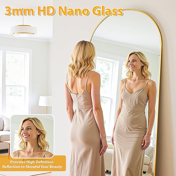 Full Length Mirror, 71"x26" Oversized Floor Mirror Freestanding, Full Body Mirror Floor Standing Mirrors with Stand, Hanging Mounted Mirrors for Bedroom Living Room, Gold, Arched Style