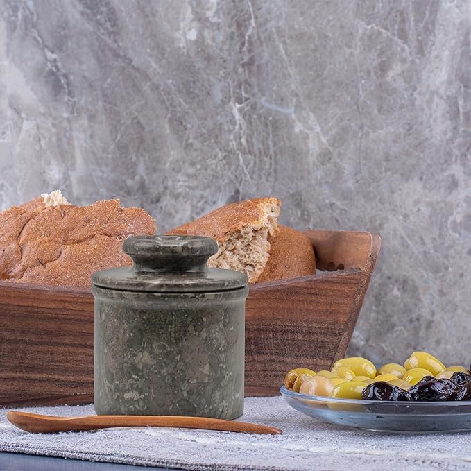 Butter Crock With Lid- Perfect Butter Keeper Crock- Classic Butter Bowl- Stylish French Butter Keeper - Purely Handcrafted Natural Marble - (Gray Oceanic)