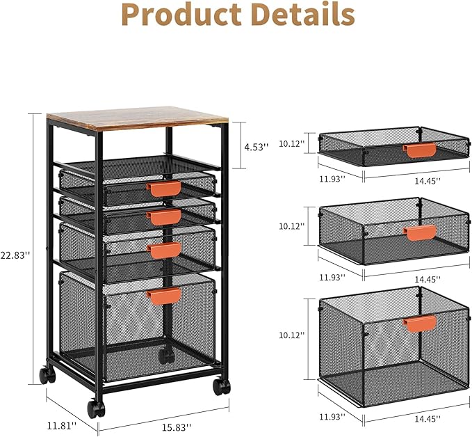 Marbrasse Rolling File Cart with 4 Storage Drawers, Mobile File Cabinet on Lockable Wheels, Hanging Filing Cabinet Organize, Under Desk Utility Cart for Home Office - Dark Brown