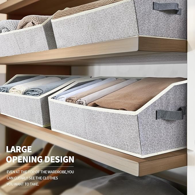 Trapezoid Closet Shelf Organizer - Large Baskets for Organizing, Storage Baskets for Shelves, Cubbies Storage Bins for Clothes, Books, Blankets, 4 Pack, Light Gray