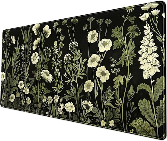 Floral Green Plant Mouse Pad Aesthetic Vintage Desk Pad Black Extended Mouse Pad Large Desk Mat for Desktop Keyboard Pad and Office Home Work Mouse Pad XXL Laptop Computer Mat 31.5 X 11.8 in
