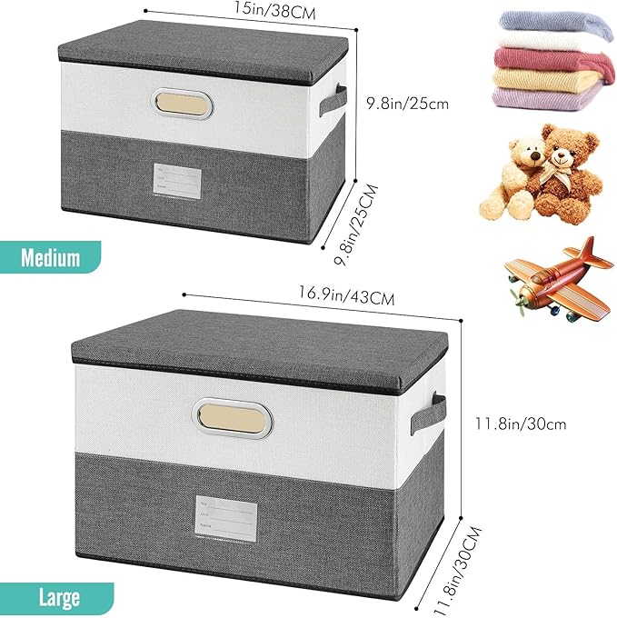 Large Linen Fabric Foldable Storage Bins with Removable Lid and Handles, Washable Storage Box Organizer Containers Baskets Cube with Cover for Bedroom,Office (Black&White, Medium(2-Pack))