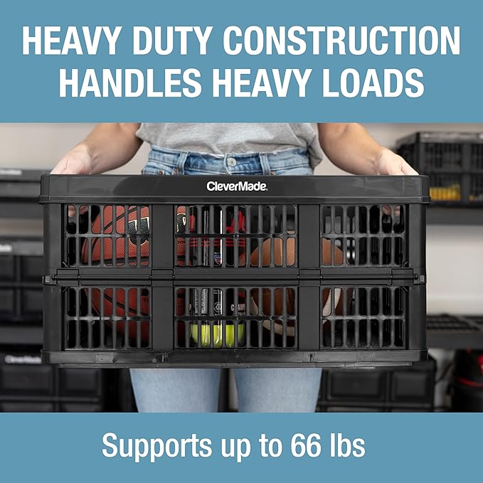 CleverMade Collapsible Utility Crates-Obsidian 3pck 45L / 11 Gal holds 66 lbs - Stackable Containers Heavy Duty Capacity Crates Space-Saving Baskets