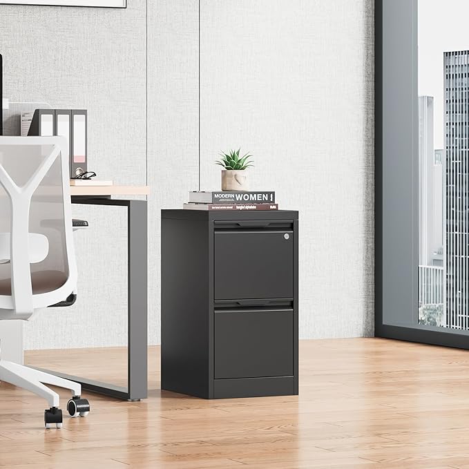 2 Drawer File Cabinet, 17.8" Deep Filing Cabinet for Home Office, Metal Vertical File Cabinet with Lock for Letter/Legal/A4/F4 Size, Easy Assemble (Black)