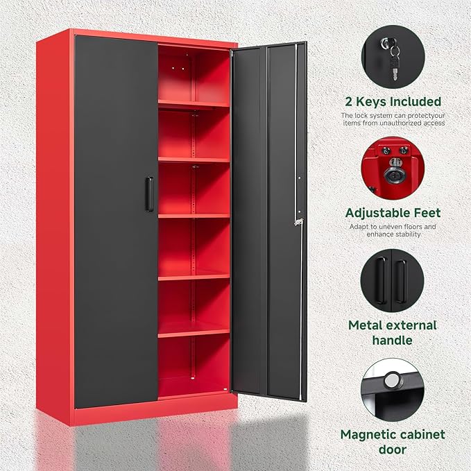 Letaya Metal Garage Storage Cabinets with Lock, 71" Tall Locker Organizer Steel Tool Cabinets,5 Adjustable Shelves 2 Doors for Home Office, Warehouse,Garage,Industrial,Employee (Black Red)