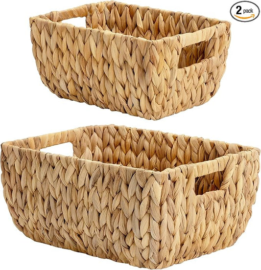 StorageWorks Wicker Baskets for Organizing, Handwoven Storage Basket with Built-in Handles, Water Hyacinth Organizer for Home Decor, Set of 2