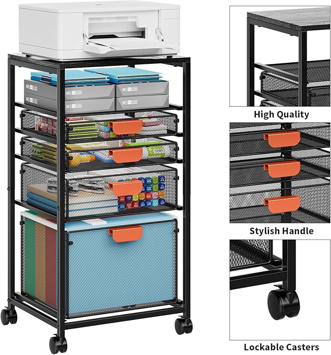 Marbrasse Rolling File Cart with 4 Storage Drawers, Mobile File Cabinet on Lockable Wheels, Hanging Filing Cabinet Organize, Under Desk Utility Cart for Home Office