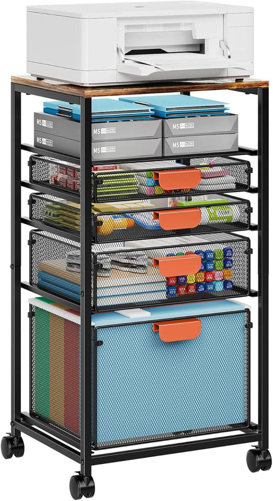 Marbrasse Rolling File Cart with 4 Storage Drawers, Mobile File Cabinet on Lockable Wheels, Hanging Filing Cabinet Organize, Under Desk Utility Cart for Home Office - Dark Brown