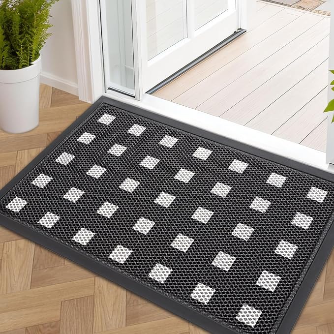 Front Door Mat Indoor Entrance 29.5"x17" for Apartments/Small Spaces, Heavy Duty Rubber Entryway Mats Backing Inside/Outside Dirt Trapping, All Weather Outdoor Rug Black and White