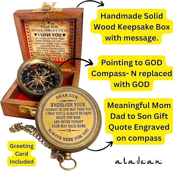 Gift for Son from Mom Dad | Engraved Compass 2" - Father to Son Gifts, Mom to Son Gifts for Graduation 2025, Birthday Baptism Confirmation Communion