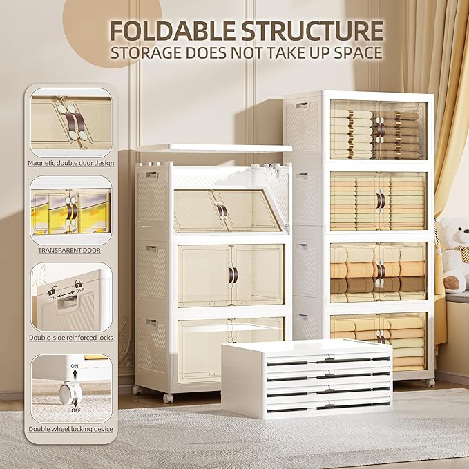 340 QT / 85 Gal Heavy Duty Double Door Storage Cabinet - Magnetic Closure, Foldable Stackable Design with Wheels & Leather Handles, Plastic Organizer for Garage/Bedroom