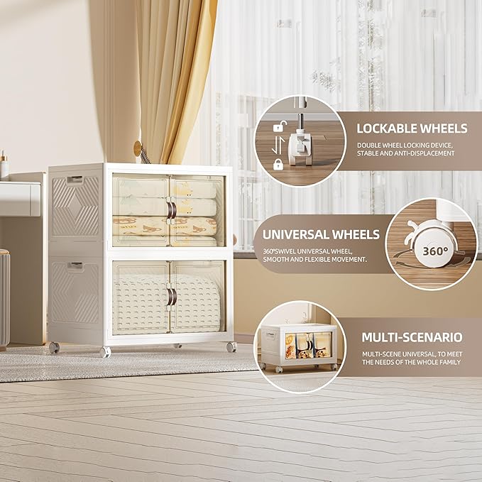 208 QT / 52 Gal Large Foldable Stackable Plastic Storage Cabinet with Double Magnetic Doors, Leather Handles & 4 Wheels - Organize Home, Office, Closet