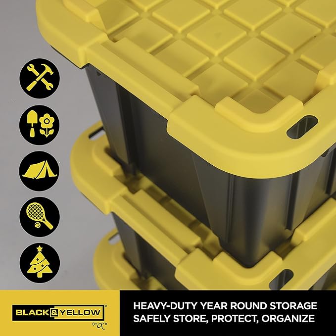 CX BLACK & YELLOW, 12-Gallon Heavy Duty Tough Storage Container & Snap-Tight Lid, (12.51H x 16.3W x 21.8D), Weather-Resistant Design and Stackable Organization Tote [4 Pack]