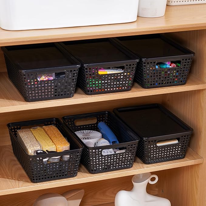 Plastic Storage Baskets With Lid, Storage Bins for Organizing, Stackable Decorative Containers for Shelves Drawers Desktop Closet Playroom Classroom Office, 6 Pack-Black