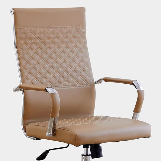 Livinia Modern Executive Office Chair with Patterned Back Design, Chrome & Leather Swivel Chair with High Back, Adjustable Height, Removable Armrests, and Wheels for Home Office (Brown(Chrome))
