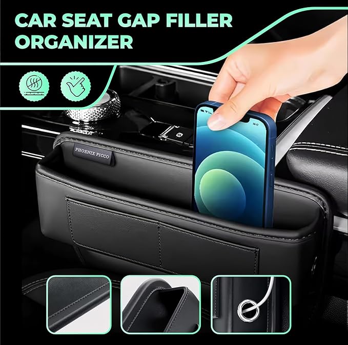 Universal Leather Car Seat Gap Filler Organizer – Side Pocket Storage Box for SUV & Truck, Essential Car Accessories for Men & Women, Center Console Organizer (Premium Black)
