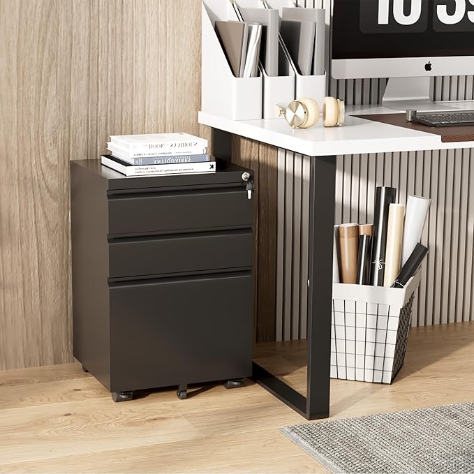 Greenvelly 3 Drawer Mobile File Cabinet with Lock, Metal Filing Cabinet on Wheels, Under Desk File Cabinet for Home Office Organizer Letter/Legal/A4 File (Assembly Required, Black)