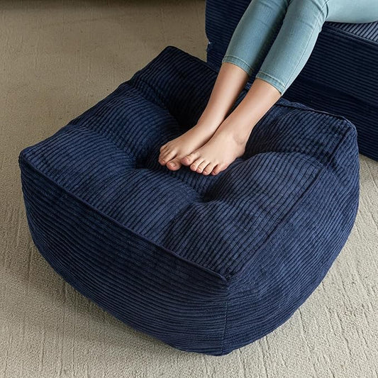 HIGOGOGO Square Stuffed Pouf Ottoman, Corduroy Poufs with Foam Chunk Filling, Furry and Fluffy Pouf Foot Stool Storage Ottoman, 21 X 21 Floor Poufs Foot Rest for Living Room, Navy