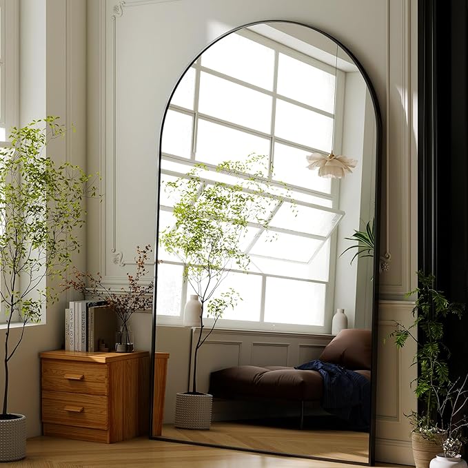 GLSLAND 72" x 44" Arched Full Length Mirror - Oversized Aluminum Alloy Frame Full Body Floor Mirrors with Stand Wall Mounted for Bedroom/Living Room, Black
