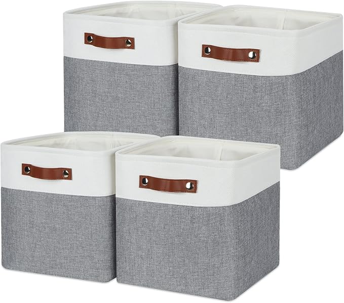 Temary Fabric Storage Baskets - 11 Inch Storage Cubes Set of 4 for Organizing, Books, Blankets (White&Gray)