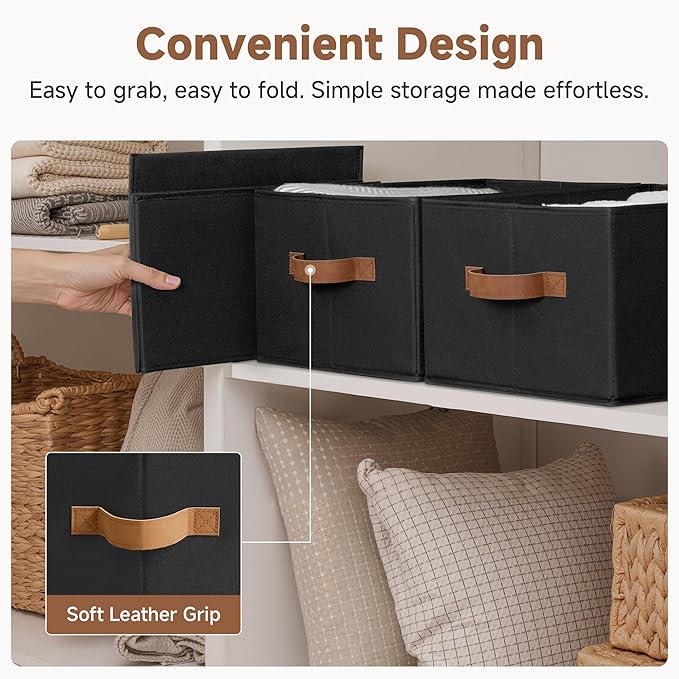 StorageWorks Storage Baskets for Shelves, Foldable Fabric Closet Storage Bins with Handles, Clothes Organizer Laundry Baskets, Black, 3-Pack, Large