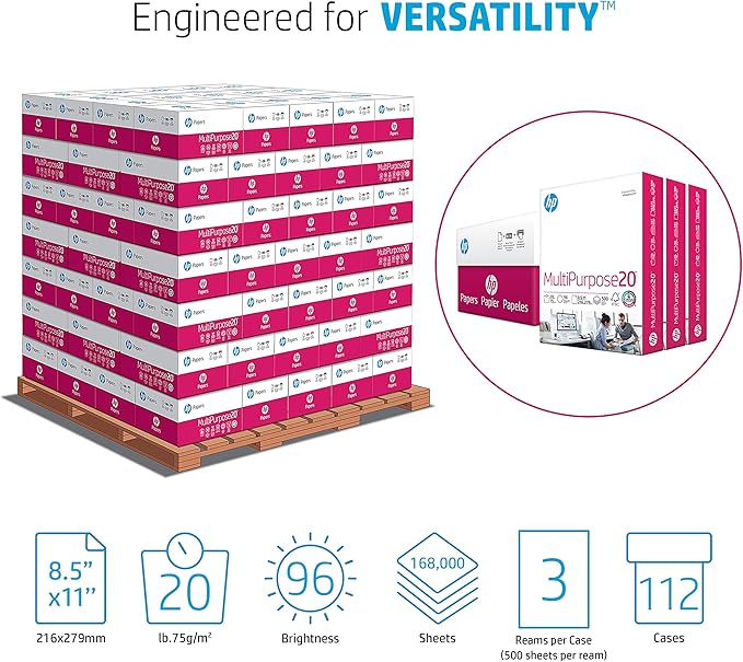 HP Papers | 8.5 x 11 Paper | MultiPurpose 20 lb | 1 Pallet - 112 Cartons (168,000 Sheets) | 96 Bright | Made in USA - FSC Certified | 112530P