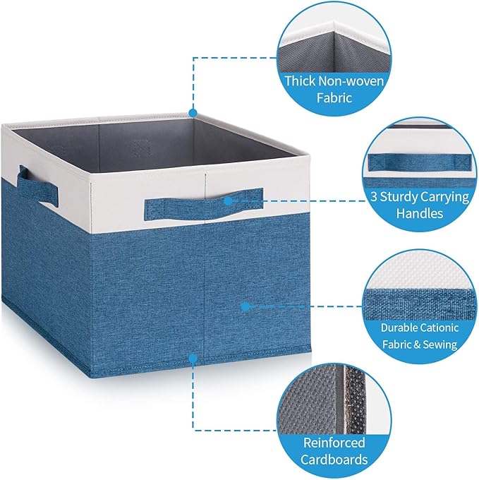GhvyenntteS Storage Baskets for Shelves 3 Pack, Large Fabric Storage Bins with 3 Handles, Collapsible Closet Organizers and Storage, Sturdy Closet Organizer Bins/Laundry Room Organization, Blue