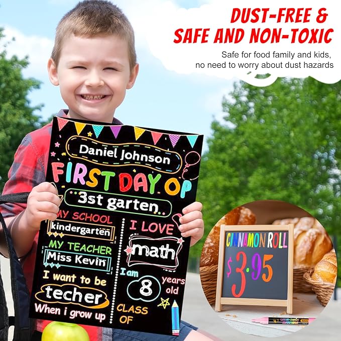 SFAIH 24 Vibrant Chalk Markers for Blackboard [1s Wet Wipe] - No Residue, 4.5-6mm Liquid Chalk Markers for School Sign Board, Calendar, Car Window, Glass, Non-Toxic, Zero Dust, With Highlighter Marker