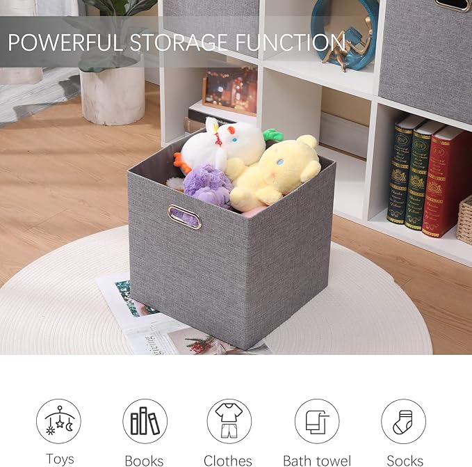 Collapsible Organization Basket Fabric Foldable Box with Handles, 13x13 Cube Storage Bins Set of 4, Thick and Heavy Duty Storage Baskets for Shelves Bedroom Livingroom,Gray
