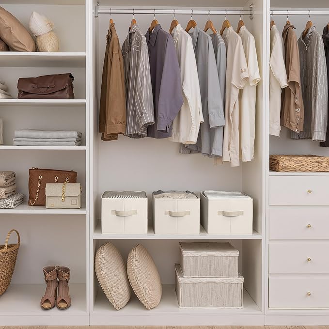 StorageWorks Storage Baskets for Shelves, Foldable Fabric Closet Storage Bins with Handles, Fabric Storage Bins Clothes Organizer, Beige, 3-Pack, Large