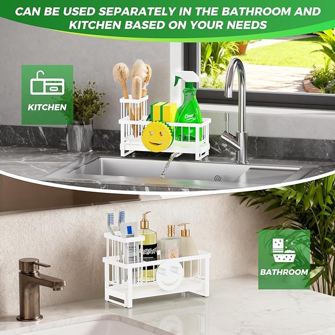 Sponge Holder for Kitchen Sink,Sink Caddy with Removable Dish Brush Holder,Self-Draining Kitchen Countertop Organizers and Storage Essentials,Soap Dispenser Organize and Home Decor-White