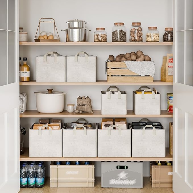 StorageWorks Storage Bins, Shelves Baskets for Organizing, Large Fabric Closet Organizers with Handles, Metal Frame, Beige（Cotton-linen）, 2-Pack