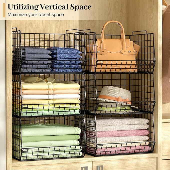 4-Tier Stackable Closet Organizers and Storage Shelves, Foldable Closet Shelf Organizer System, Space-Saving Clothes Storage Drawer Organizer Basket Bins, Black