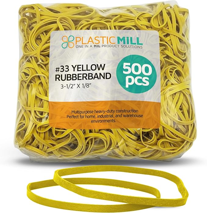 PlasticMill Yellow Rubber Bands Size 33 (3 1/2" x 1/8") - #33 Colored Rubber Bands Office Supplies - Strong, Elastic Bands for Crafts, Balloon Garland, Cash, File Folders (500-Pack)