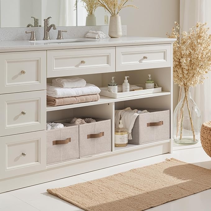 SroageWorks Storage Baskets for Shelves, Foldable Fabric Closet Storage Bins with Handles, Clothes Organizer Laundry Baskets, Brown & Beige, 3-Pack, Large