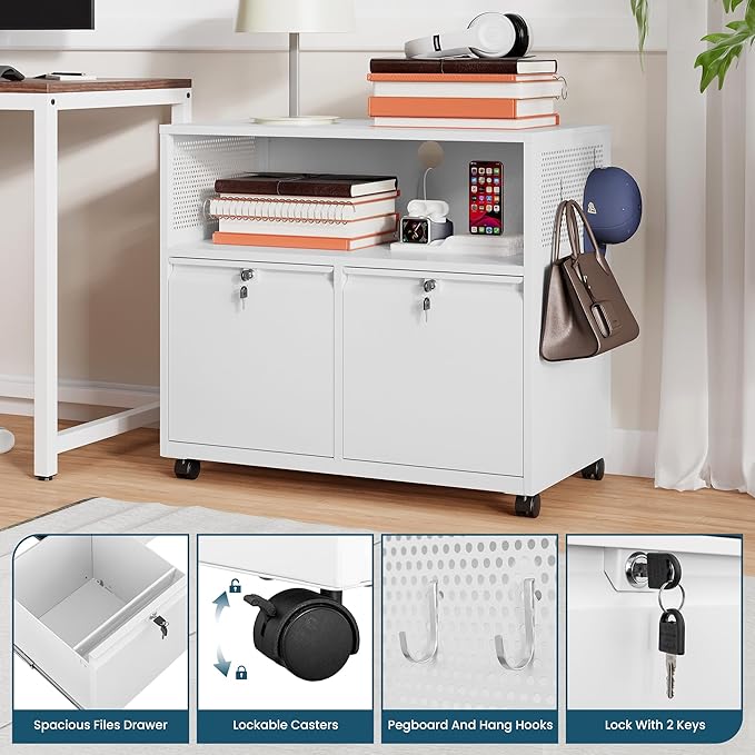 MIIIKO File Cabinet with Storage 2 Drawers, Rolling File Cabinet for Home Office, Metal White 2 Drawers Storage with Shelf, for Printer, Letter A4 File Organizer