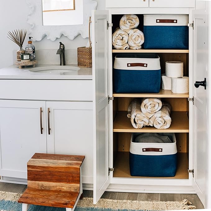 OrganiHaus Extra Large Fabric Storage Baskets for Shelves 3 Pack, 16x13in Closet Storage Bins for Shelves, Canvas Baskets for Organizing, Linen Closet Organizers, Cloth Basket, Navy Blue/Off-White