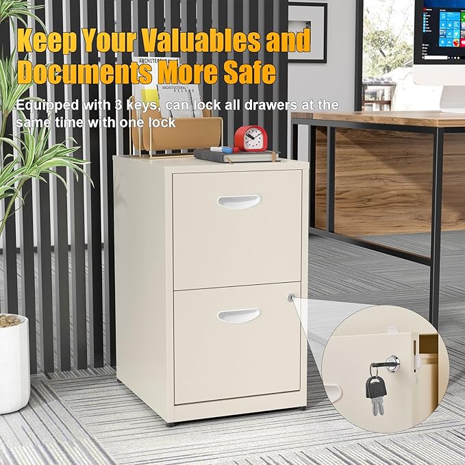 Filing Cabinet 2 Drawer with Lock, Under Desk Metal Filing Cabinet, Two Drawer Vertical File Cabinets Suitable for Letter-Size Files, Light Duty Metal File Storage for Home Office - Assembly Required