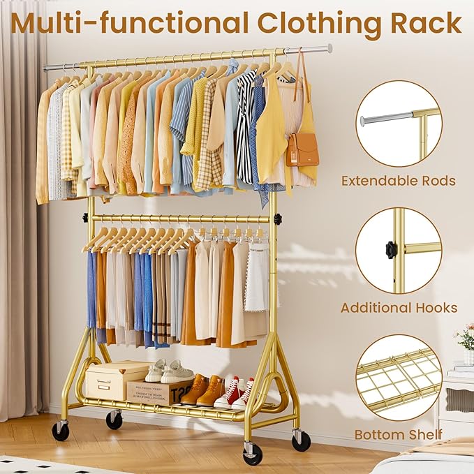 Double Rods Clothing Rack, Heavy Duty Clothes Rack for Hanging Clothes Load 560LBS, Metal Rolling Garment Racks with Wheels, Freestanding Clothes Hanging Racks, Gold