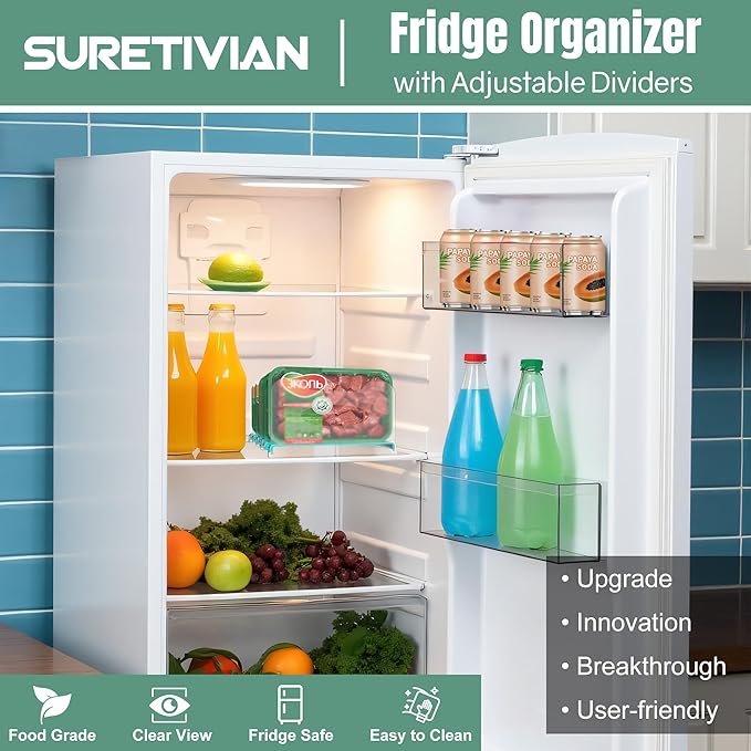 Freezer Organizer 12” Visible Fridge Organizer Rack with Removable Dividers and Handles, Freely Adjustable, Fits Refrigerator Frozen Meals, Lunch Meat Box, Cheeses (Mint Green)