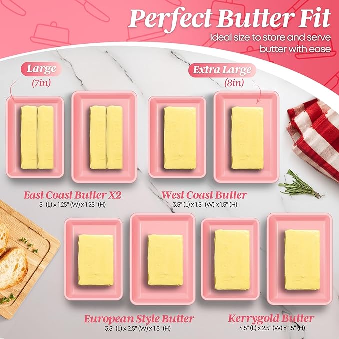 Flexzion Ceramic Pink European Butter Dish with Lid for Countertop (7 Inch) - Wide 2 Stick Double Butter Holder for Counter, Cream Cheese Container Storage Keeper