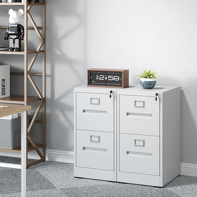 2 Drawer File Cabinet with Lock, Metal Vertical Filing Storage Cabinet for Home Office, Steel Vertical File Cabinets for Legal/Letter File Folders, Easy Assemble (White)