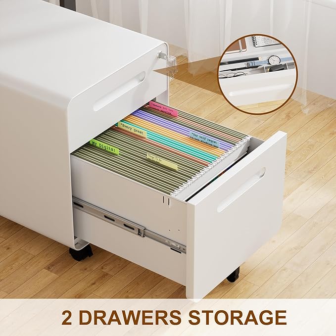 2 Drawer File Cabinet with Lock and 4 Keys, Mobile Metal Filing Cabinet, File Cabinets for Home Office, Under Desk, Pre-Assembly, File Drawer, Letter/Legal/A4 Hanging File Folders